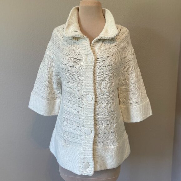 Coldwater Creek Women's Ivory Wool Button Sequin Cable Knit Cardigan, Size M - Picture 2 of 10